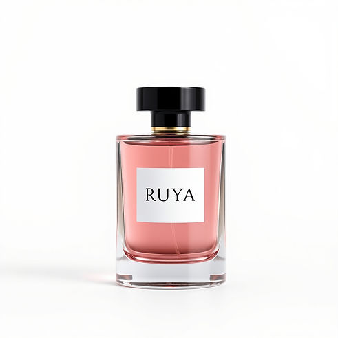 Luxury perfume bottle with  white background with text written on it as _RUYA_ and should 