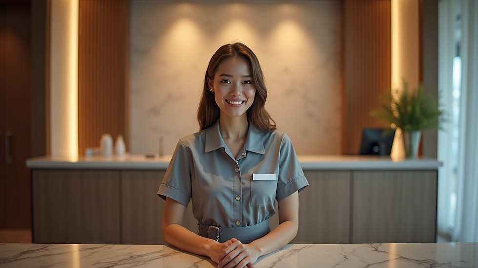 Eye-level view of a hotel reception desk with a smiling staff member ready to assist