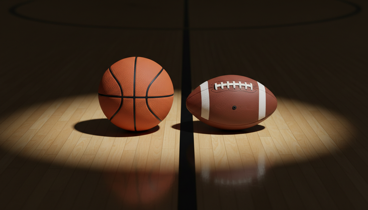 Overhead view of a basketball and an American football on a hardwood court.
