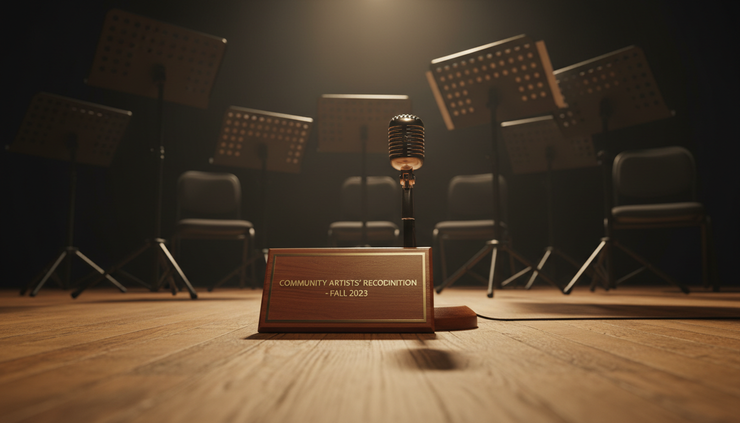Low-angle view of an award plaque beside a microphone on a small stage