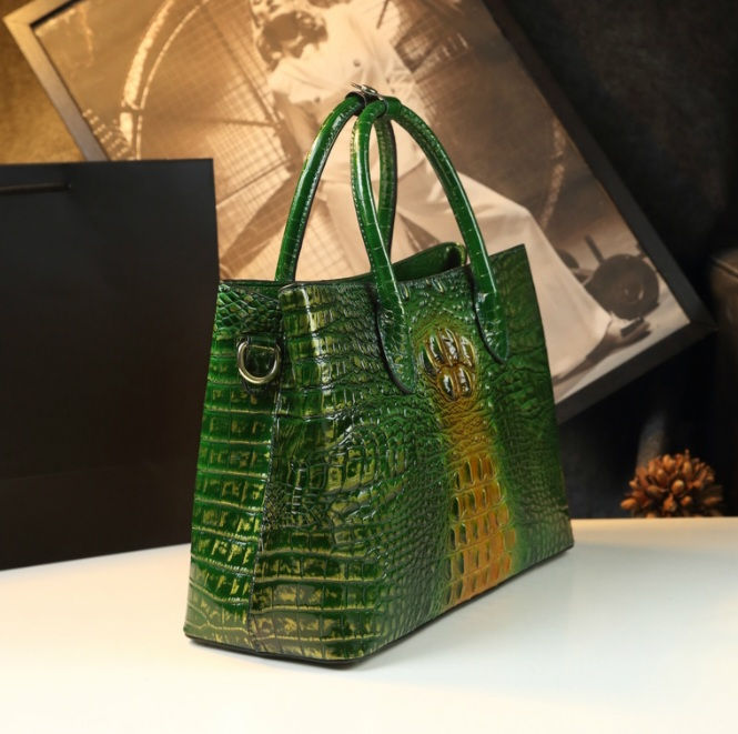 Thumbnail: Embossed Genuine Leather Croc Pattern Colourblock Handbag with High Gloss Finish
