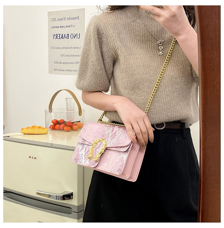 Embossed Snakeskin Leather Shimmer w Tiger Head Closure Crossbody Shoulder Bag