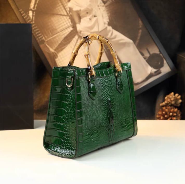 Thumbnail: Embossed Croc-Pattern Genuine Leather Handbag with Faux Bamboo Handles