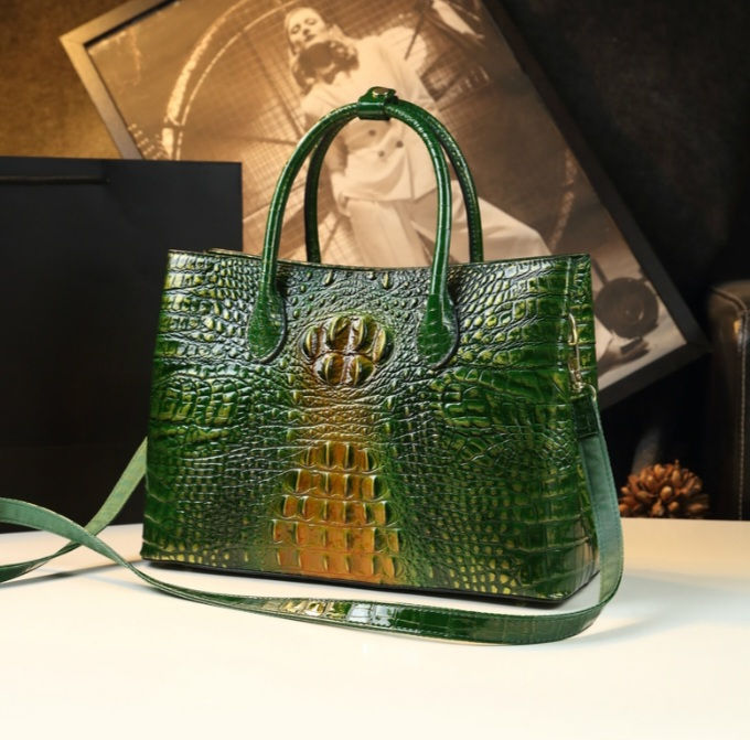 Thumbnail: Embossed Genuine Leather Croc Pattern Colourblock Handbag with High Gloss Finish