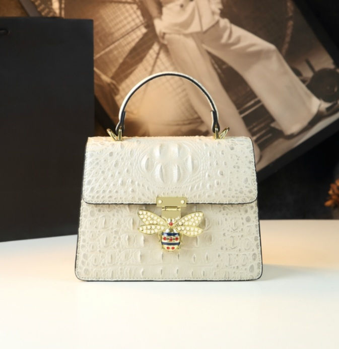 Thumbnail: Embossed Genuine Leather Croc Pattern Top Handle Handbag with Bumble Bee Clasp