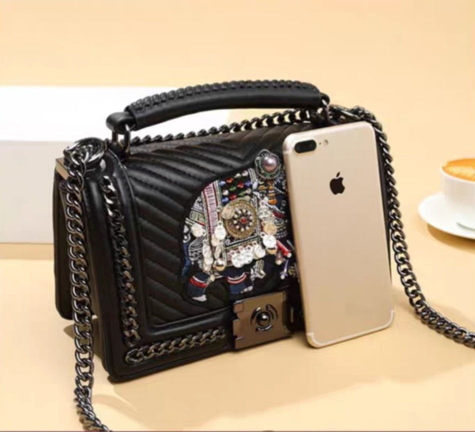 Thumbnail: Genuine Leather Embroidered Elephant Luxe Shoulder Bag