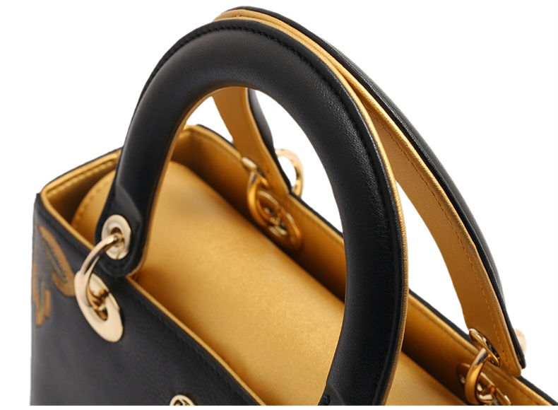 Thumbnail: Genuine Leather Handbag with Golden Peony Embroidery & Top Handle Strap