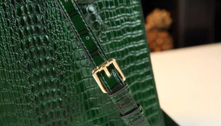 Thumbnail: Embossed Croc-Pattern Genuine Leather Handbag with Faux Bamboo Handles