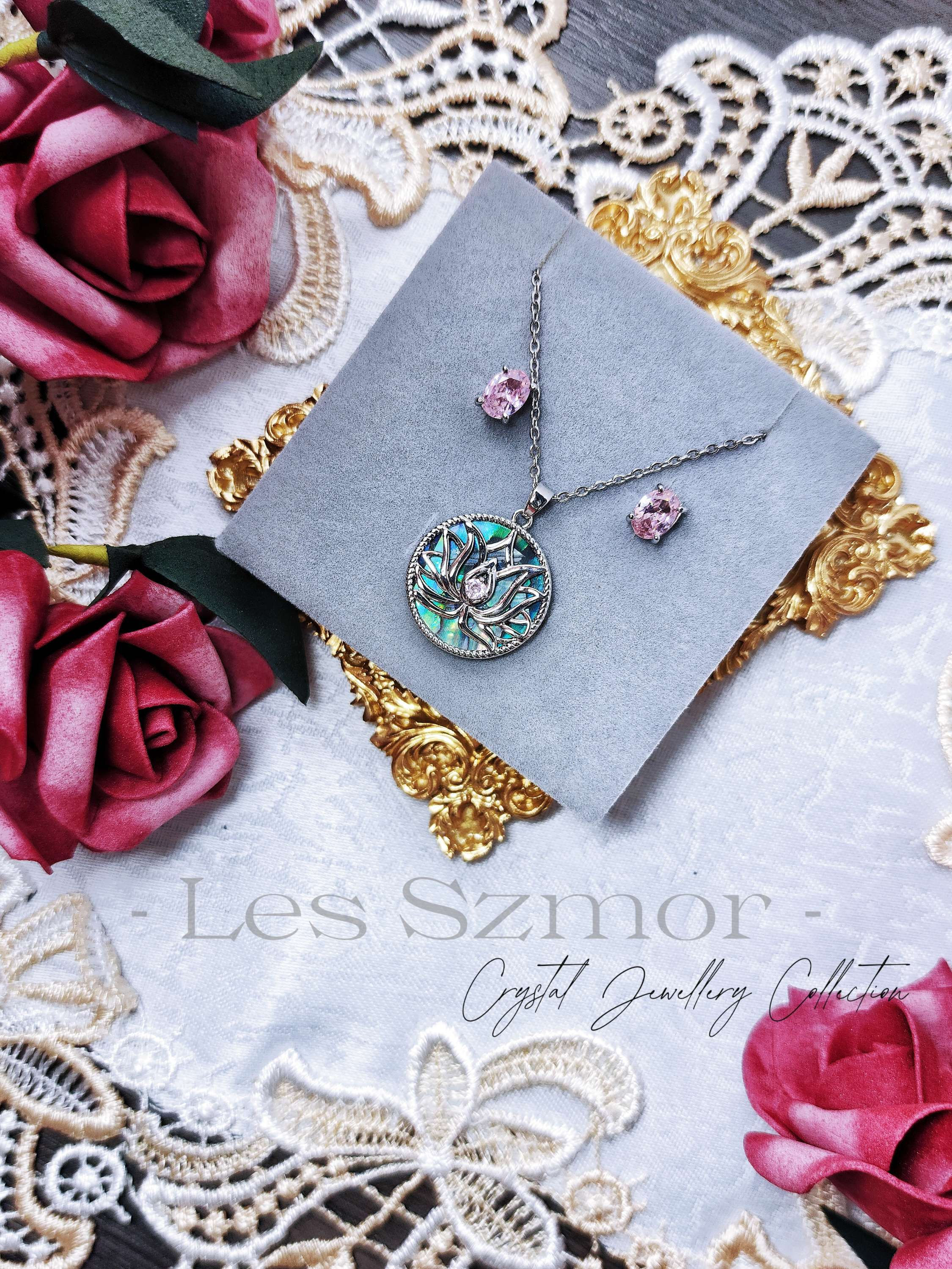 Lotus Flower Shell & Rose-Quartz Crystal Pink w Silver-toned Plating Set