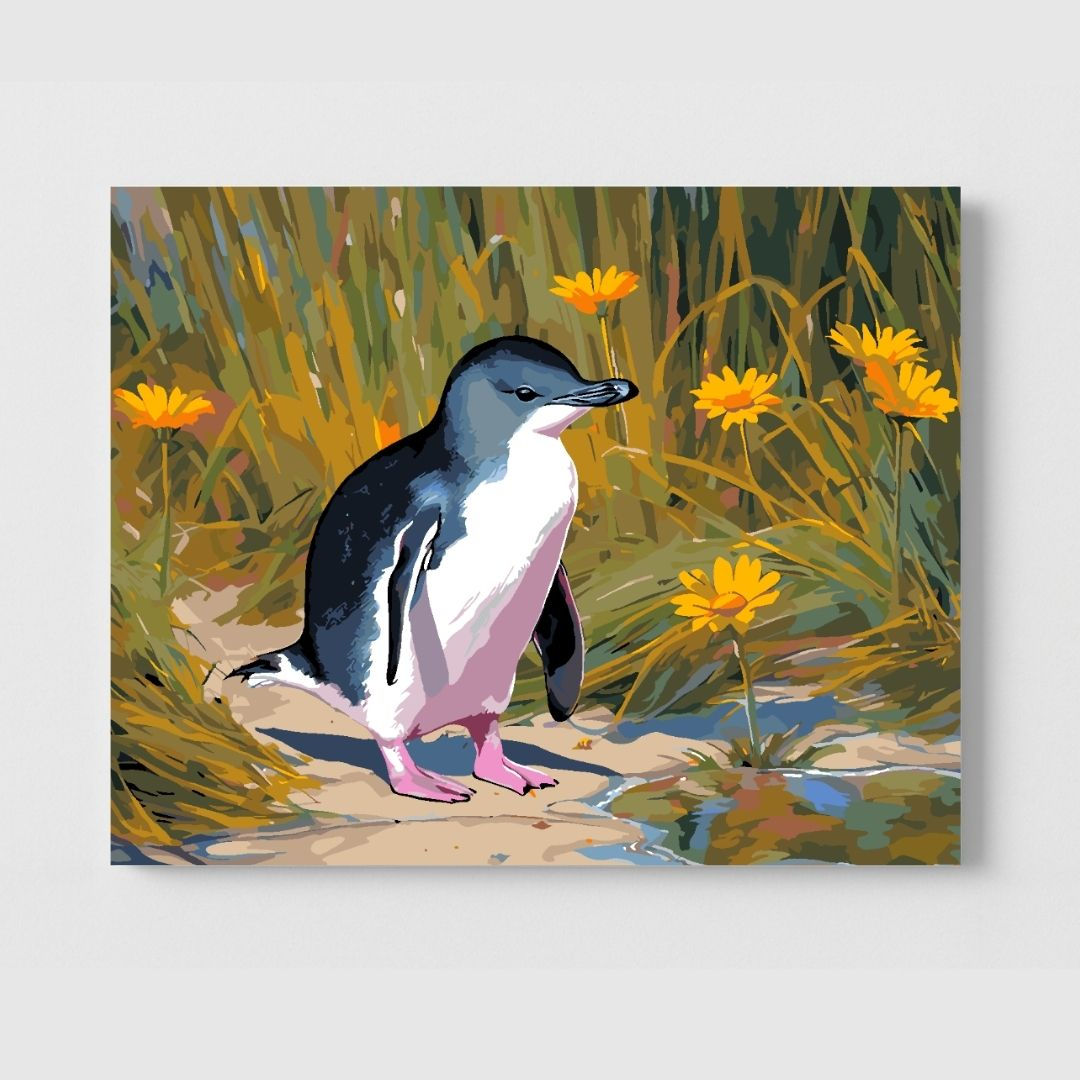 Little Penguin NZ Paint by Number Kit Canvas Design displayed on blank wall.