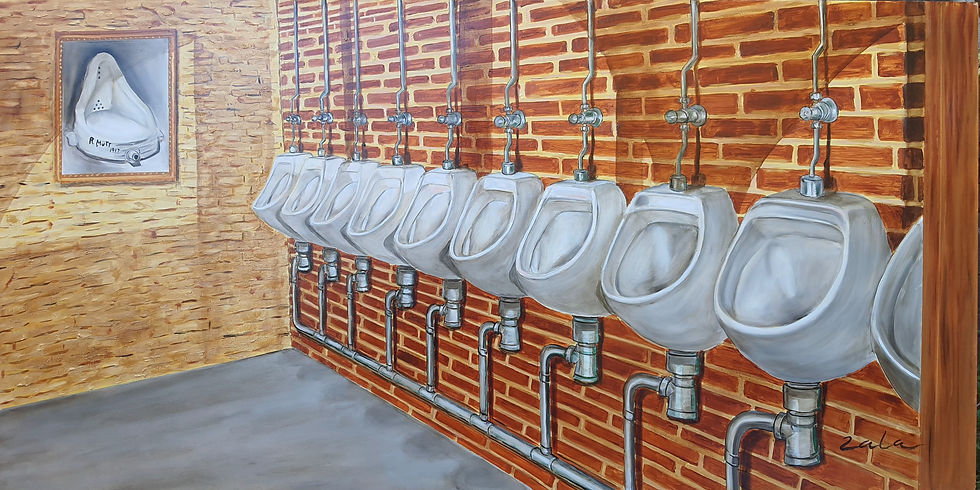 Fila de 10 urinarios mirando a su padre el Sr  Marcel Duchamp