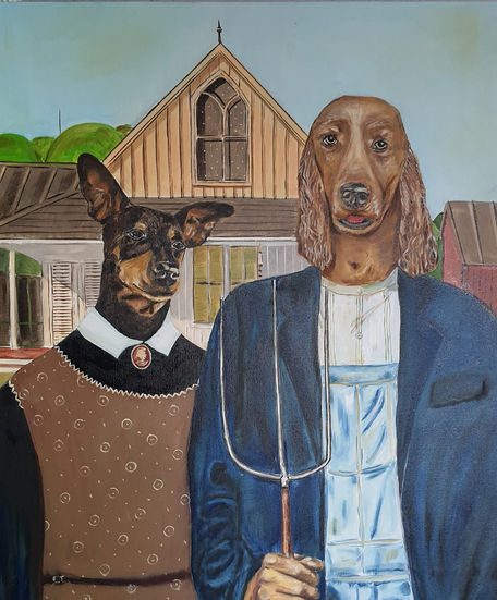 Divertida pintura de dos perros parodiando a American gothic