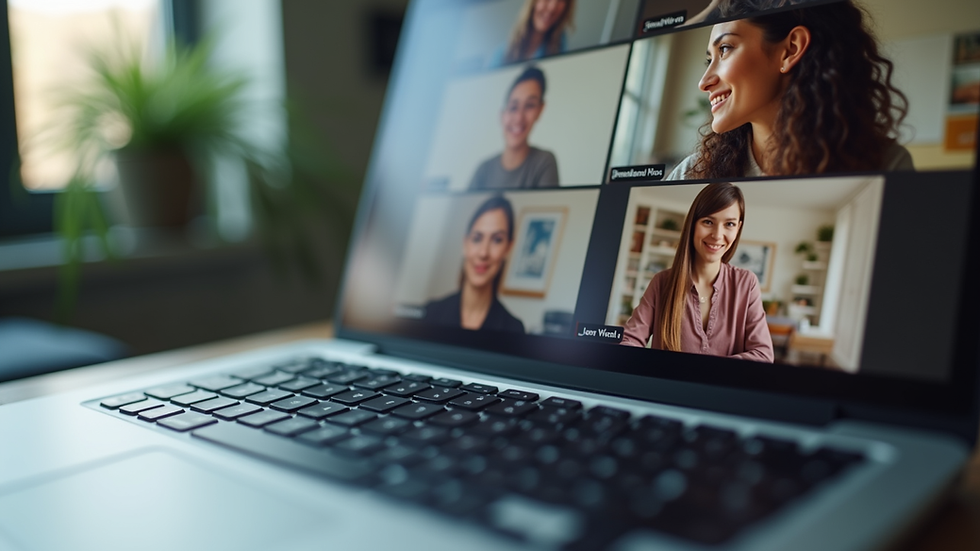 Close-up view of a laptop screen displaying a virtual support group session
