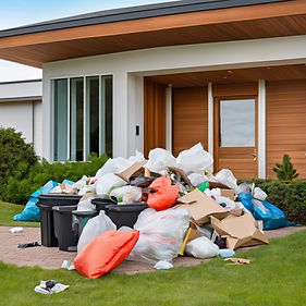 pile of trash sitting outside of a nice modern home.jpg