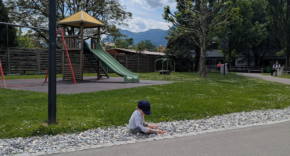 Wide angle view of a family's cozy baby-friendly outdoor space
