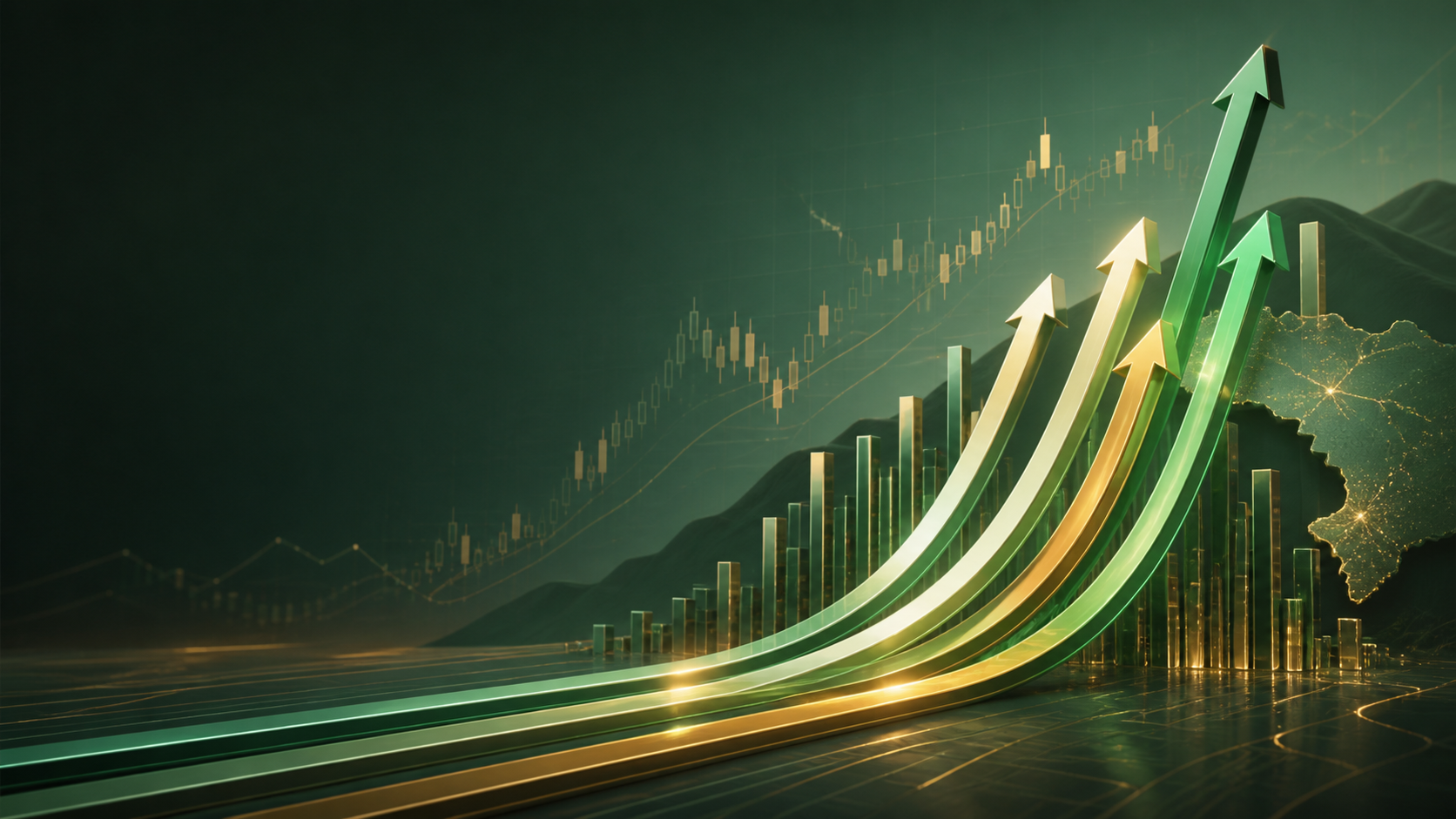 Ilustração editorial com cinco curvas ascendentes e gráficos de mercado em tons de verde e dourado.