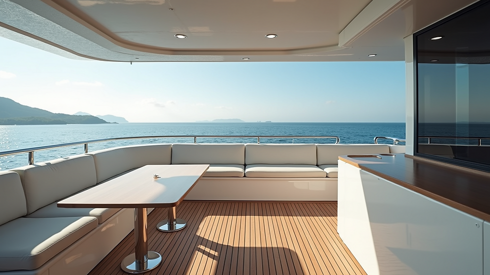 Close-up view of a private yacht deck with elegant seating and ocean view