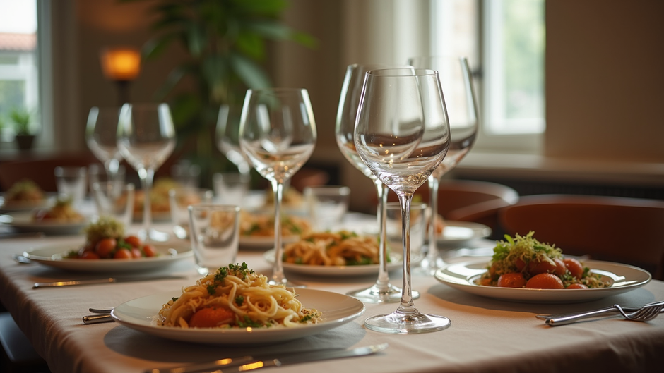 Copas de vino y platos servidos en una mesa