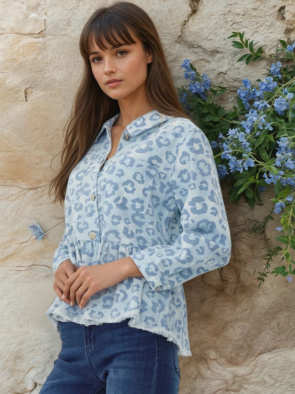 Woman wearing blue leopard print blouse in front of stone wall.