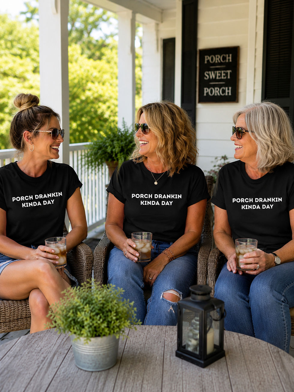 Black tee with Porch Drinkin Kinda Day graphic text