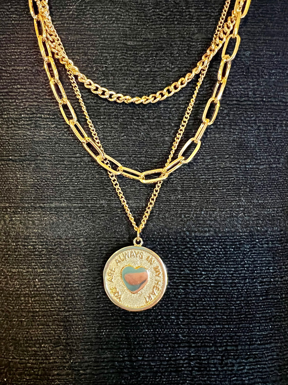 Layered gold chain necklaces with charm that says You Are Always In My Heart