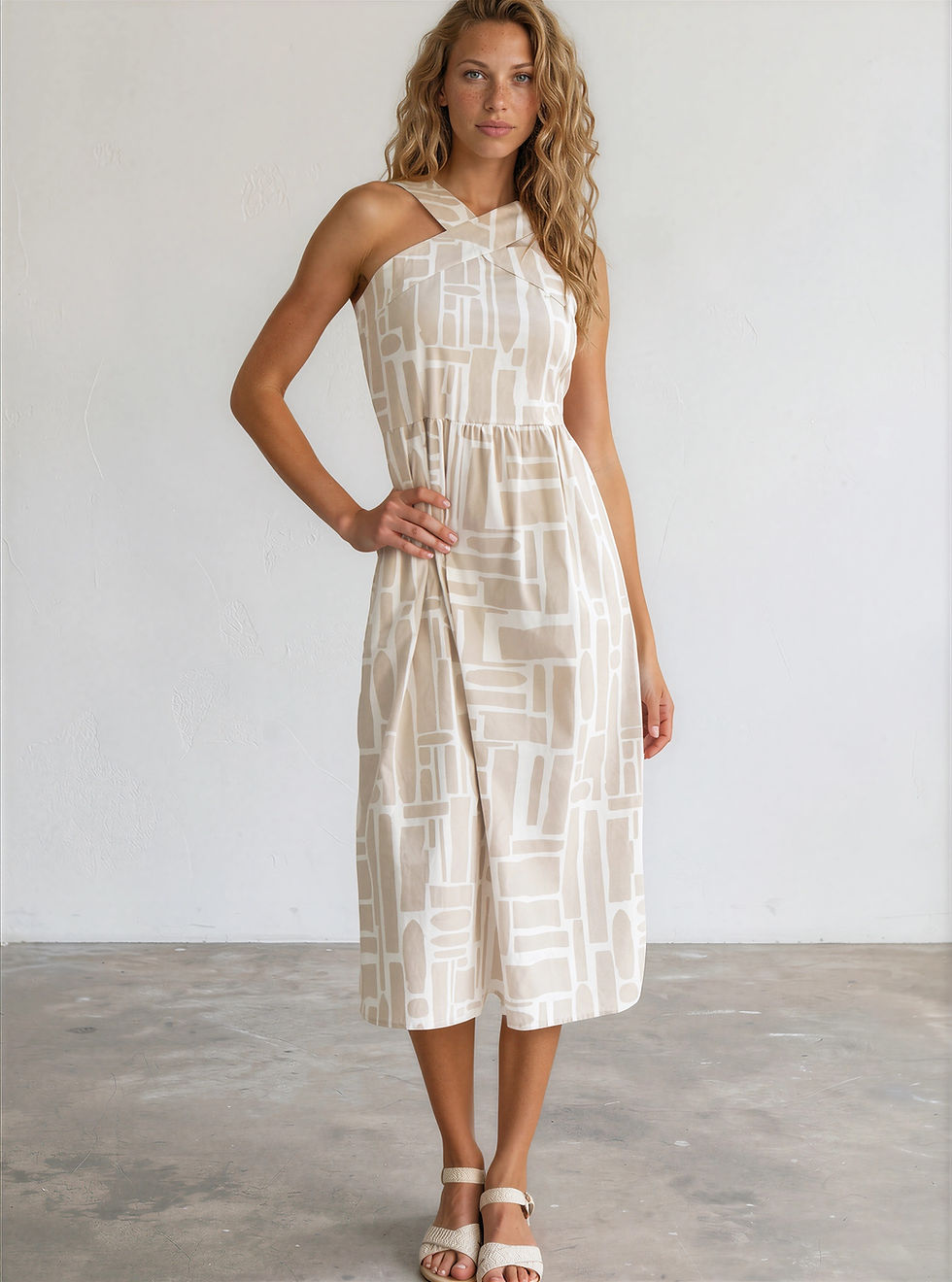 Beige and white midi dress, neutral geometric print, smocked back, and flowy silhouette