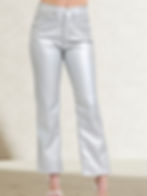 Silver metallic pants, high-waisted, elegant wear, a fashion statement.