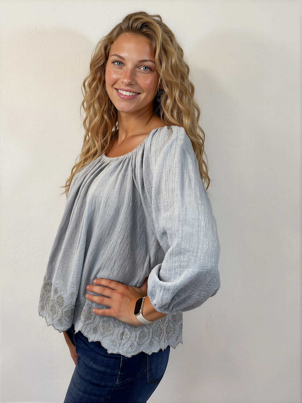 Thumbnail: Blouse in light blue with delicate embroidery, a relaxed peasant fit