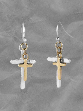 Earrings with a silver and gold tone crosses.
