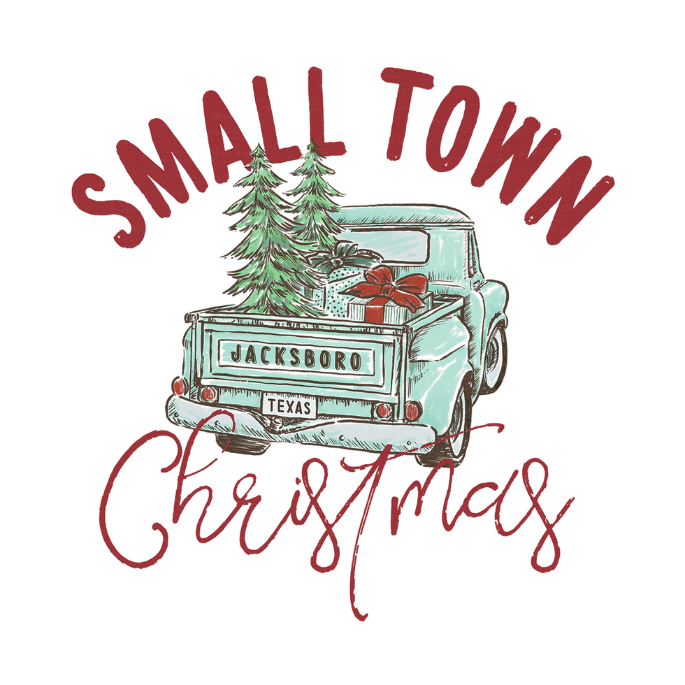 Gray Small Town V-Neck Tee with Christmas truck graphic on display and jeans.