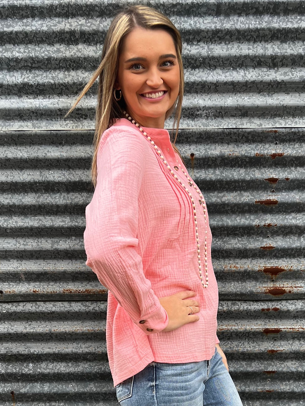 Pink Pleated Waffle Knit Shirt