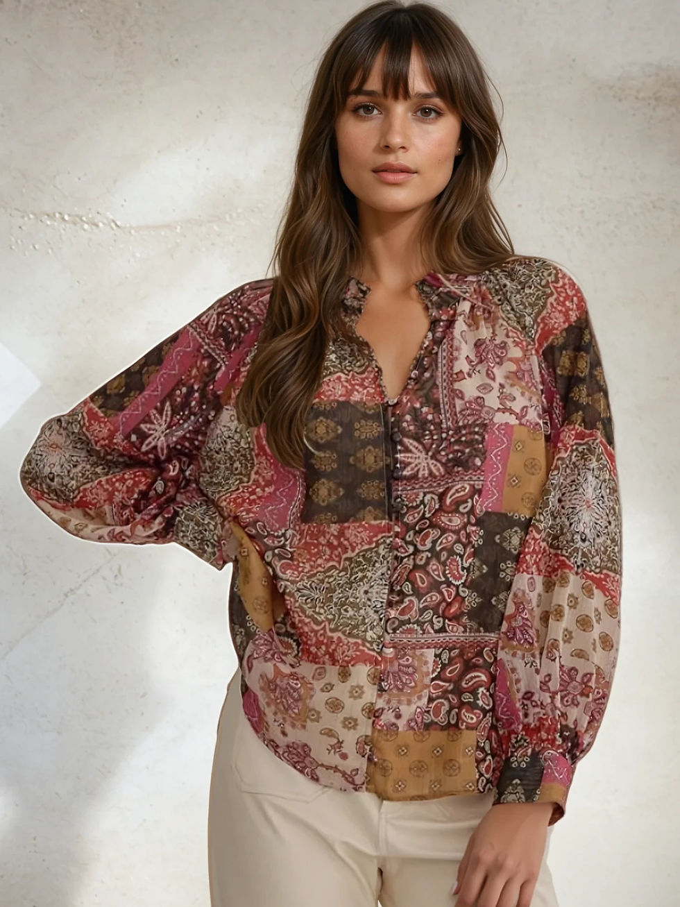 Woman wearing patterned blouse. Perfectly Paired Blouse is a beautiful patchwork design