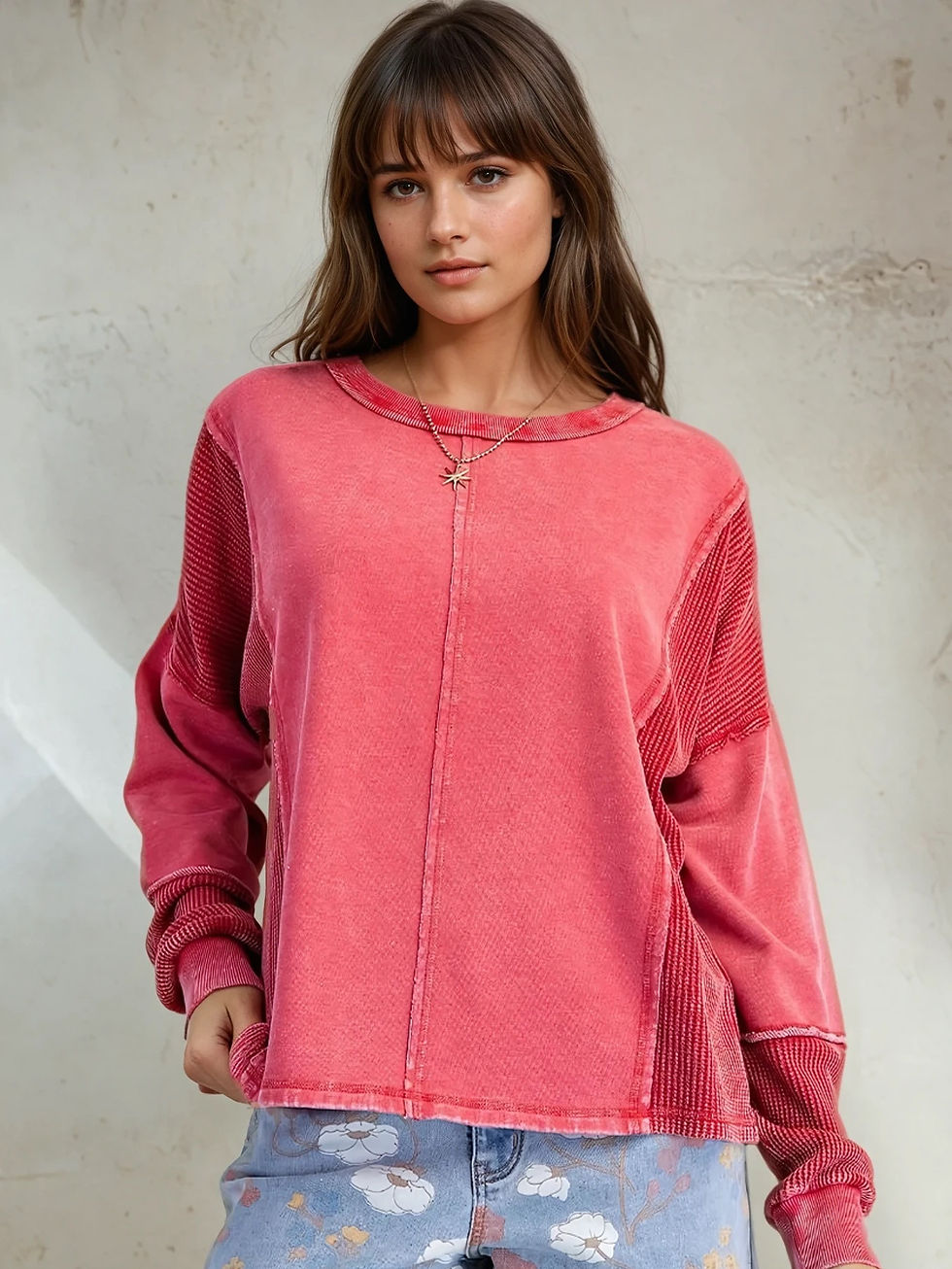 Cozy Mineral Wash Thermal Mix Pullover in poppy red