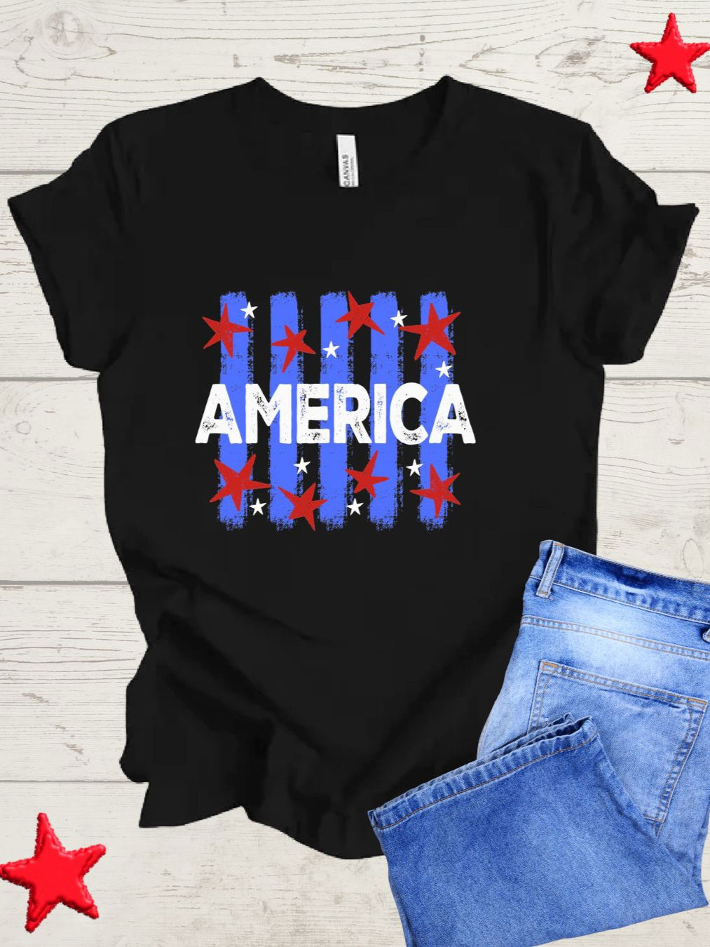 Black crew neck tee with blue stripes, red and white stars and the word American