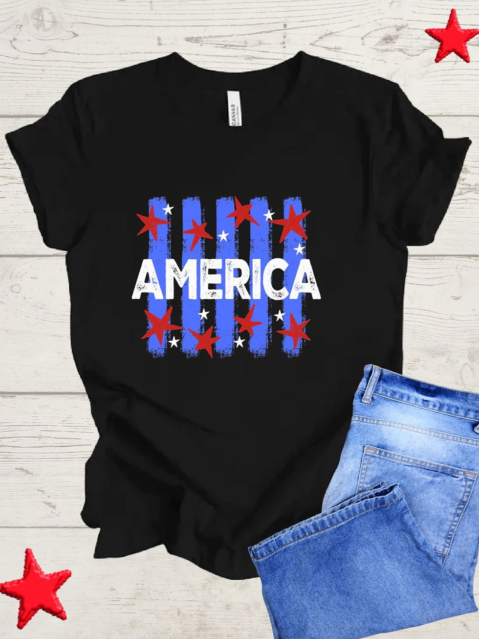 Black crew neck tee with blue stripes, red and white stars and the word American