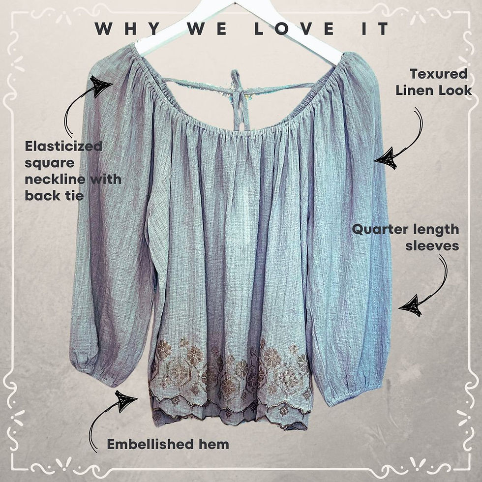 Thumbnail: Off-the-shoulder top with text: Why we love it, Embellished hem, Linen Look