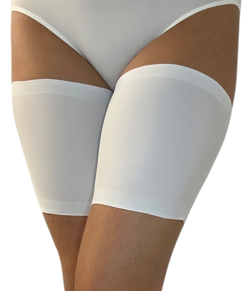 Woman wearing white Performance Thigh Bands by Bandelettes® | White to prevent chafing.