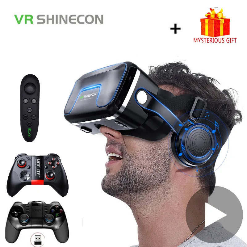 Man wearing VR Shinecon 10.0 Helmet 3D Glasses with controller and mysterious gift, 247Shoper.com