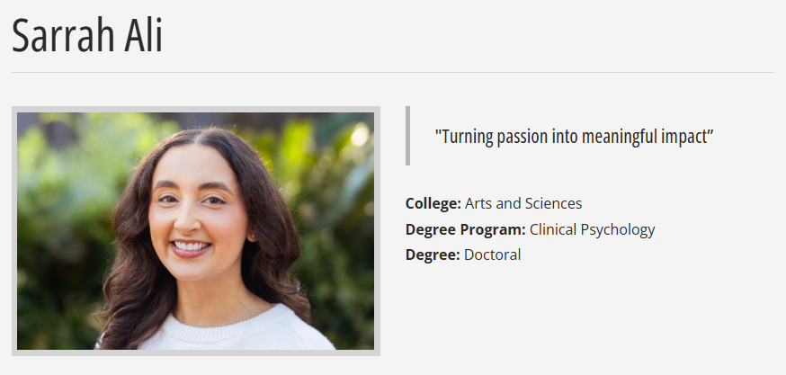 Sarrah Ali featured by FSU's Office of Graduate Fellowships and Awards
