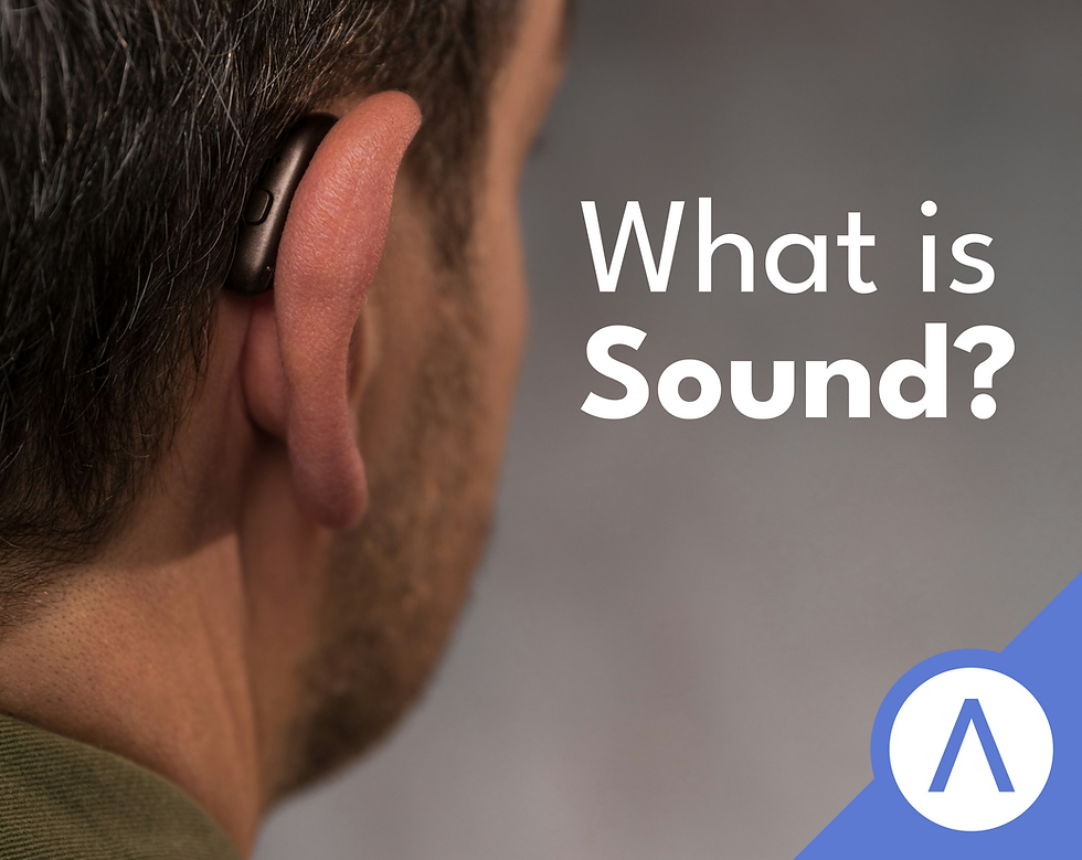 A man wearing a piece of hearing equipment around his ear. White text reads "What is Sound?"
