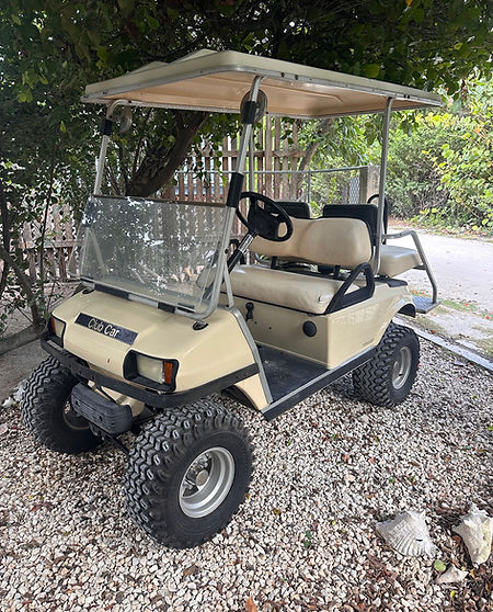 Our trusty golf cart, also available for rent.