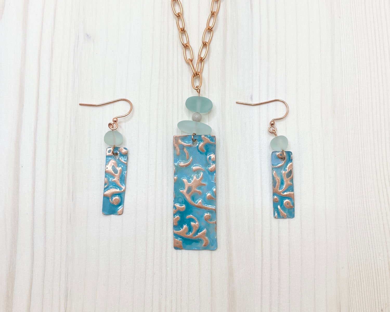 Turquoise Embossed Copper with Sea Glass Set