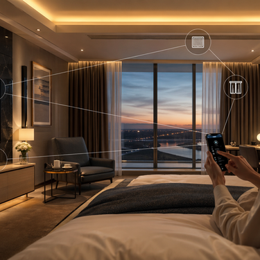 Woman in a hotel room uses a smartphone to control smart devices. Sunset view through large window. Calm, modern setting. Icons show controls.