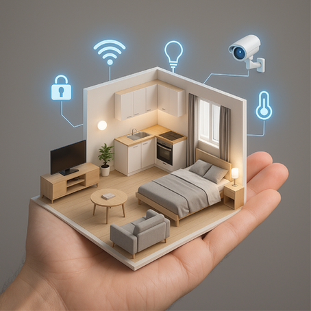 Mini modern room on a hand with smart icons: Wi-Fi, lock, lightbulb, camera, thermostat. Cozy, neutral tones, tech-savvy ambiance.