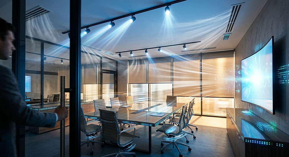 Man opens a glass door to a sleek conference room with empty chairs, a long table, and glowing blue screens and light beams.