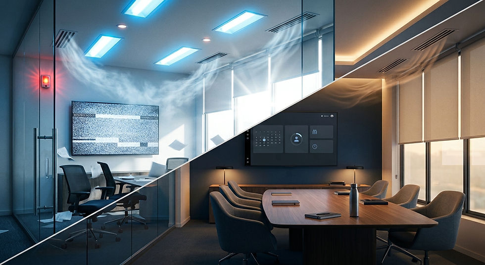 Split-screen of a conference room: left cold and cluttered, right warm and polished with a wooden table and chairs.