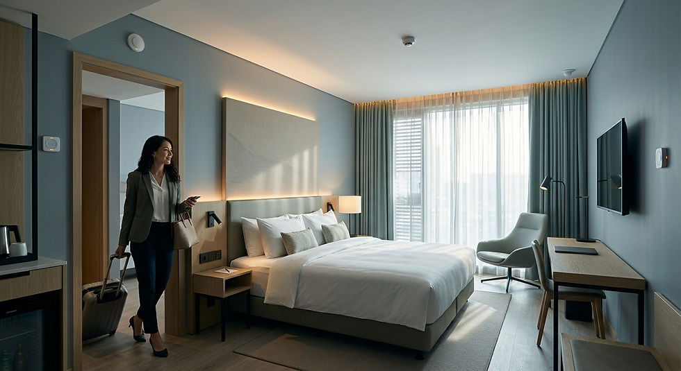 Woman with suitcase enters a modern hotel room with a bed, desk, TV, and bright window, looking relaxed and pleased.