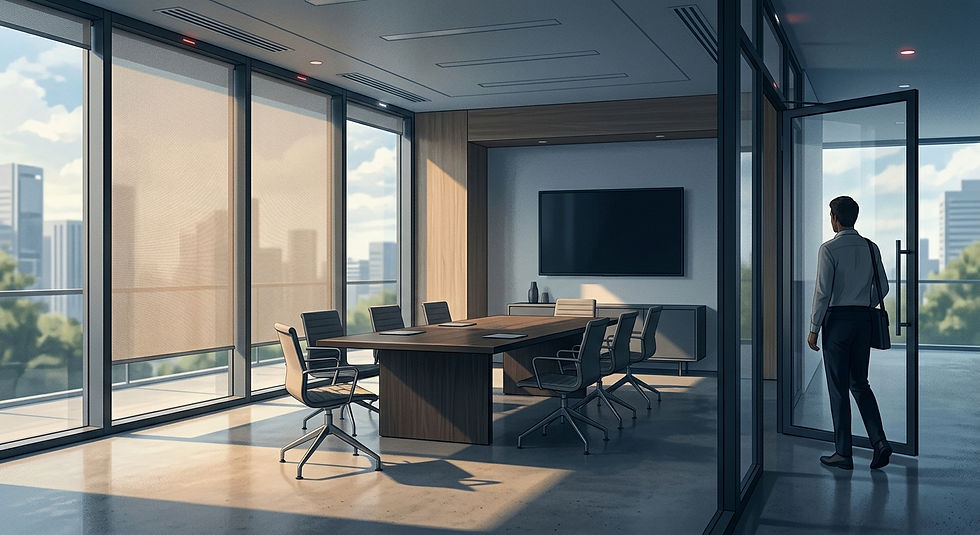 Man enters a sunlit modern conference room with large windows, a wood table, black chairs, and a wall TV.