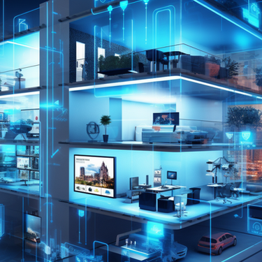 Futuristic digital model of a smart building with glowing blue circuits, modern rooms, and a cityscape in the background at sunset.
