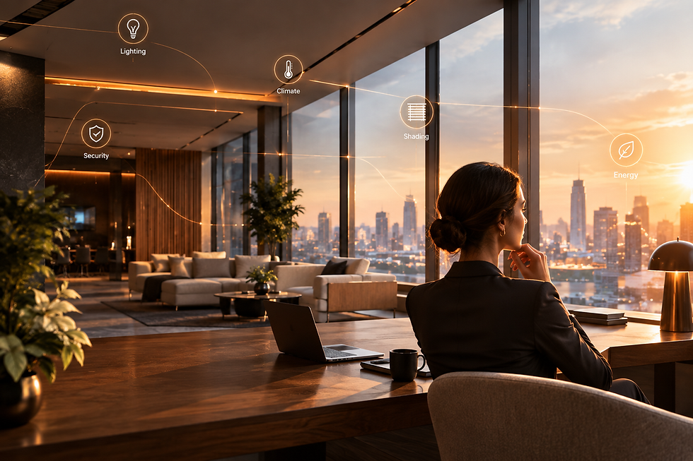 Woman in a modern office at sunset, overlooking a city skyline, with smart-home icons labeled Lighting, Climate, Security, Shading, Energy